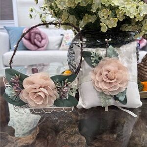 Handcrafted Beige Wedding Floral Accent Ring Pillow and Basket Set